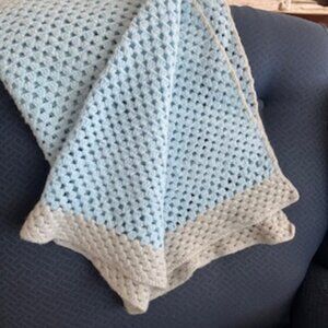 Baby Blanket Hand Crocheted Blue With Gray Edging‎ 29” X 60”